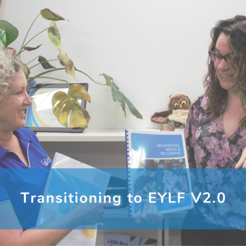 A poster that reads 'Transitioning to EYLF V2.0'