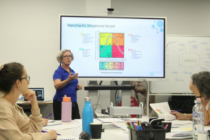 A lady teaching students 'Blanchard's Situational Model'